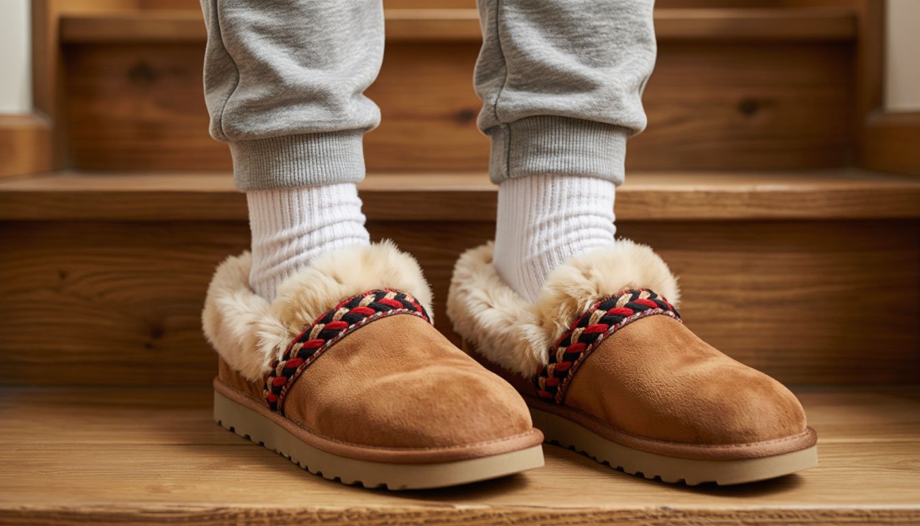 Джоггеры, белые носки и тапочки UGG Tasman